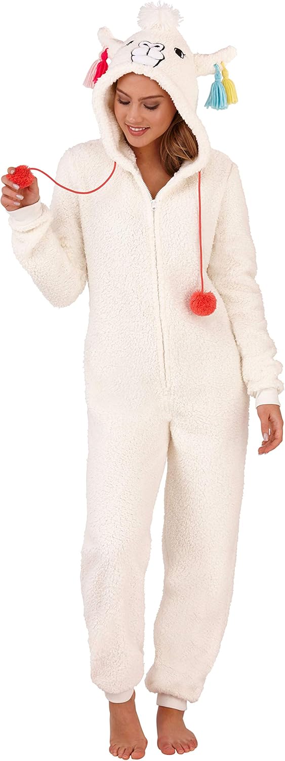 Soft and Cuddly Ladies Sherpa All in One Llama Onesie with Tassels and