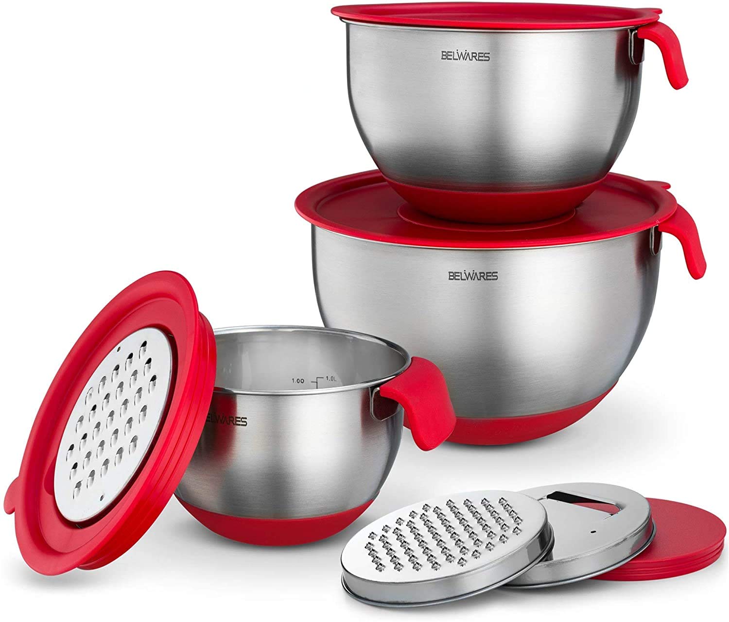 Belwares Stainless Steel Mixing Bowls with Lids - Nesting Bowls with Graters, Handle, Pour Spout, Airtight Lids - Non-Slip Mixing Bowl Set for Cooking, Baking, Prepping, Food Storage (Set of 3)