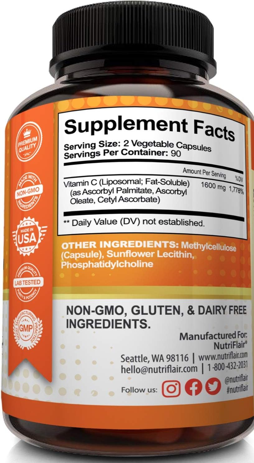 NutriFlair Liposomal Vitamin C 1600mg, 180 Capsules - High Absorption, Fat Soluble VIT C, Antioxidant Supplement, Higher Bioavailability Immune System Support & Collagen Booster, Non-GMO, Vegan Pills: Health & Personal Care