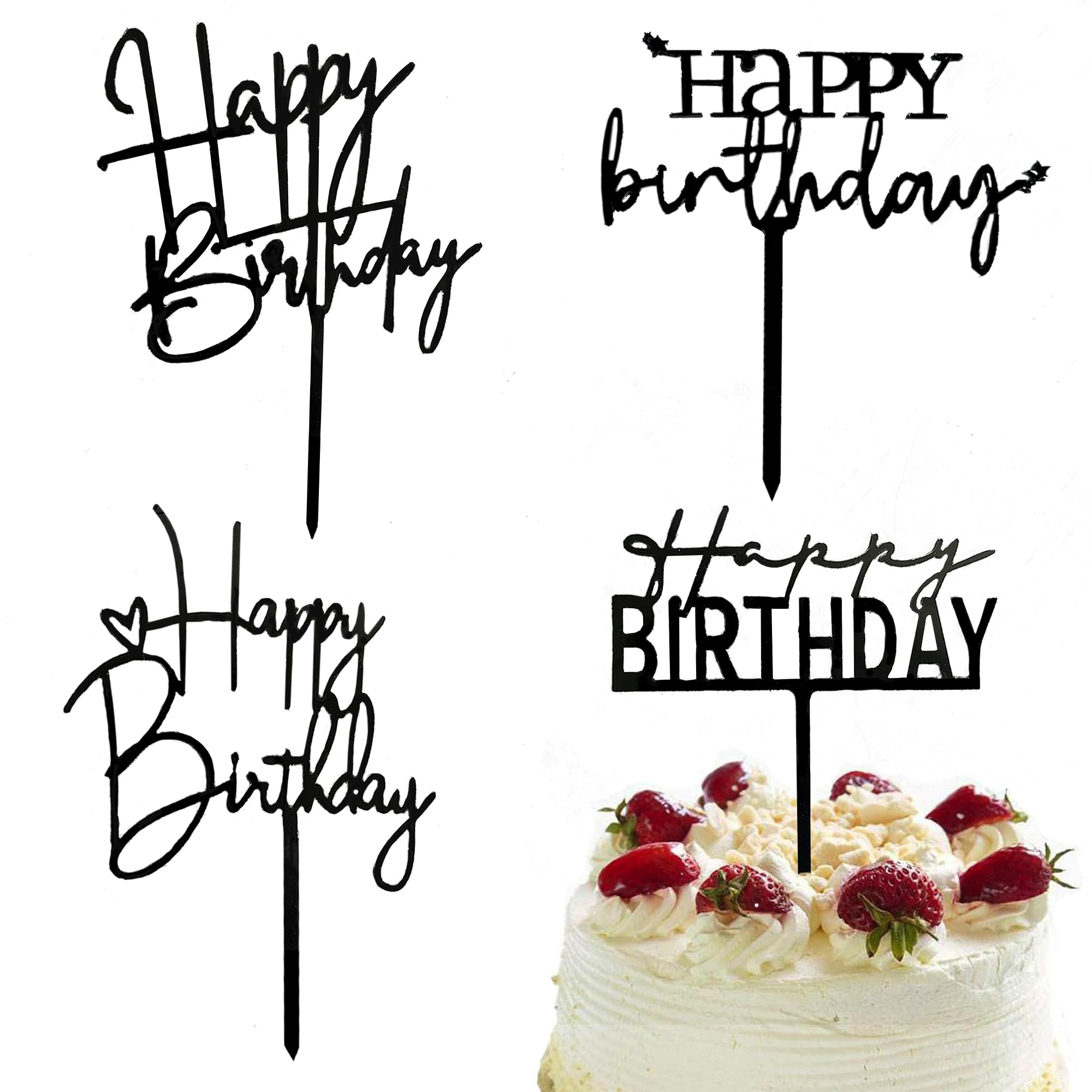 Photo 1 of 4 Pcs Happy Birthday Cake Topper, Black Acrylic Cake Toppers Personalized Happy Birthday Sign Birthday Party Cake Decorating Supplies for Kids or Adults