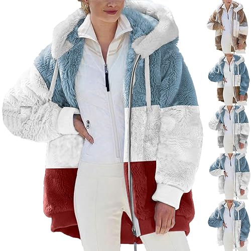 Ladies Waterproof Jackets Womens Fleece Coat Full Zipper Hoodie Coats Winter Warm Soft Teddy Hooded Fluffy Jacket Overcoat Cardigan With Pockets Red 3Xl