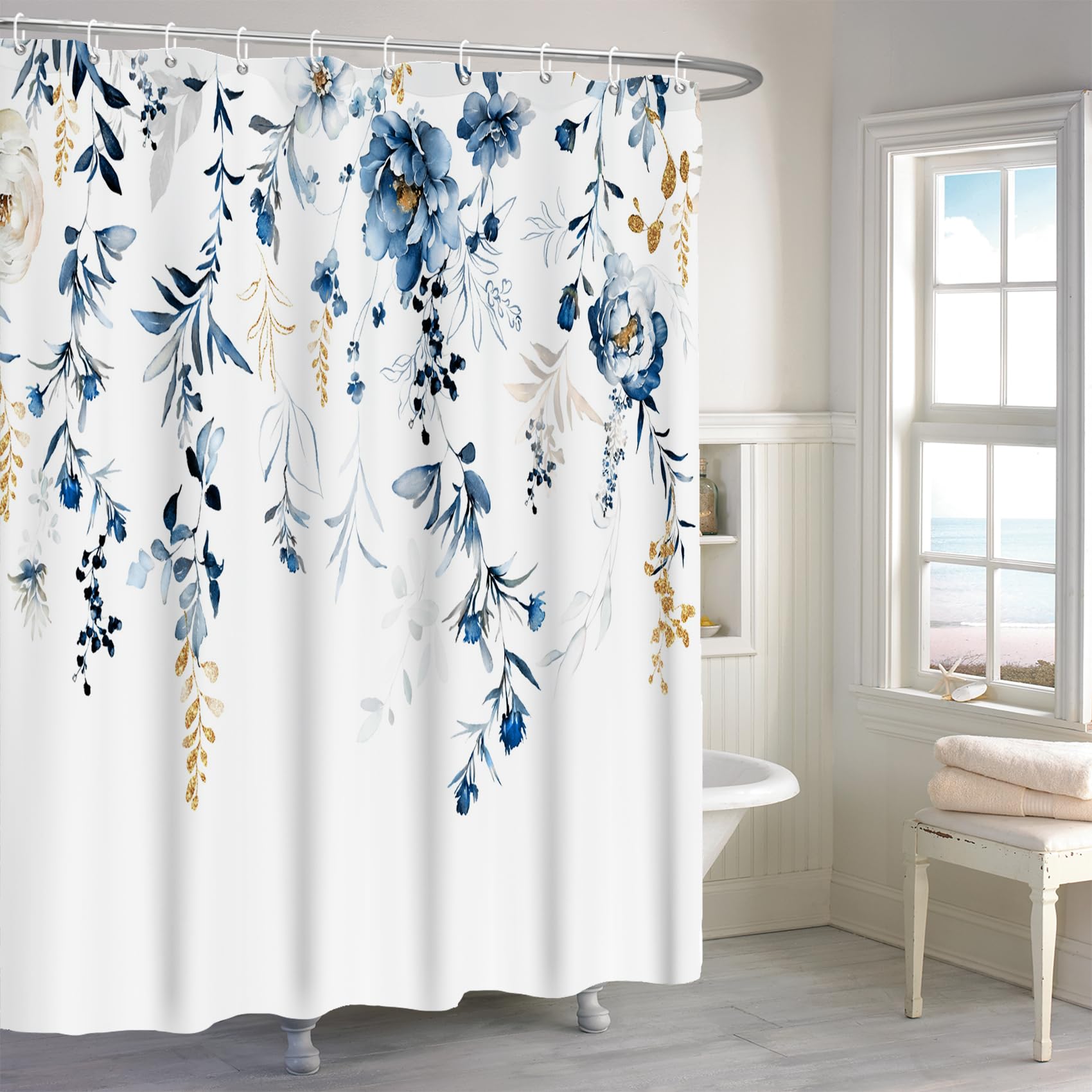 MIRRORANG Blue Flower Shower Curtain, Floral Shower Curtain Set with 12 Hooks, Bathroom Curtains Durable Fabric Machine Washable 71 x 71inch — image 1
