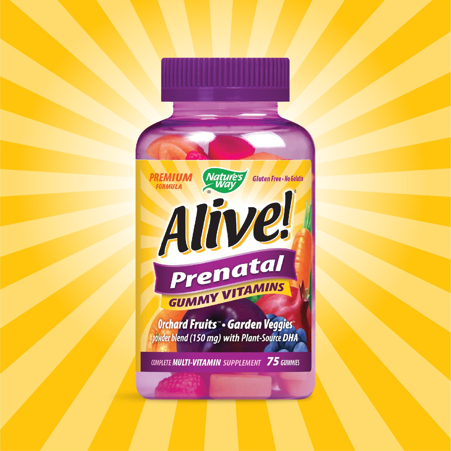 Alive! Prenatal Vitamins Multivitamin w/ DHA Fruit 75 Gummies Gluten