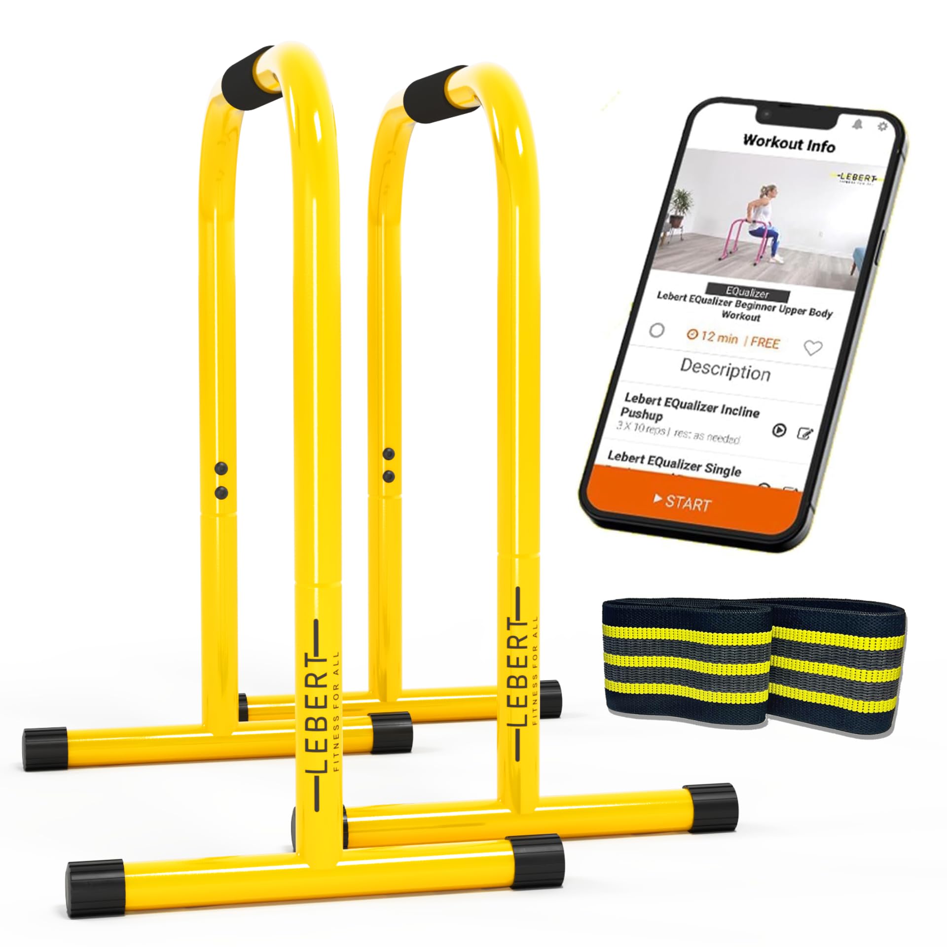Lebert Fitness Dip Bar Stand - Original EQualizer Total Body Strengthener Pull Up Bar Home Gym Equipo de ejercicio Estación de inmersión - Banda de resistencia de cadera, guía de entrenamiento y grupo en línea - Amarillo