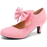 omthaka Women's Bow Low Kitten Heels Mary Jane Pumps Round Toe Ankle Strap Comfortable Party Dressy Shoes
