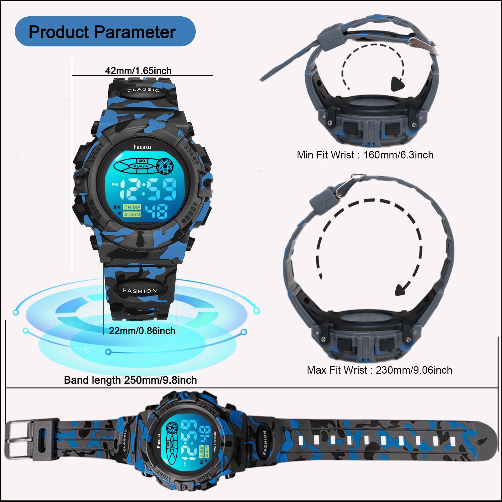Facasu Camo Sports Watch for Boys-Waterproof Kids Digital Watch with Light, Alarm&Snooze,Stopwatch Military Design Silicone Band Gift for Birthdays,Christmas Outdoor Activities(8+ Years)