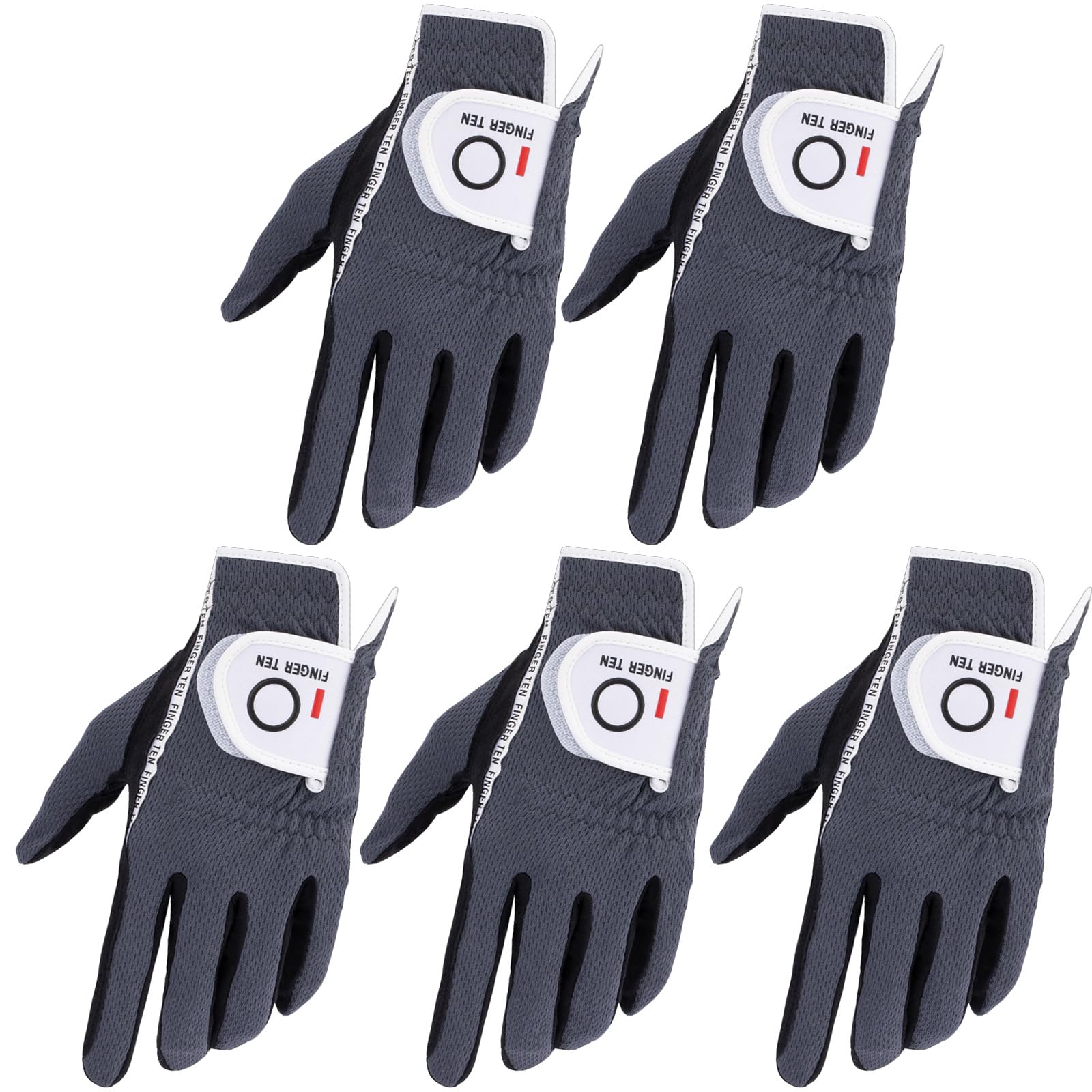 FINGER TEN Golf Gloves Men Left Hand Right Rain Grip Weathersof Value 5 Pack,Mens Golf Glove Wear Resistant Non Slip All Weather Soft Durable (Grey, XXL, Left)