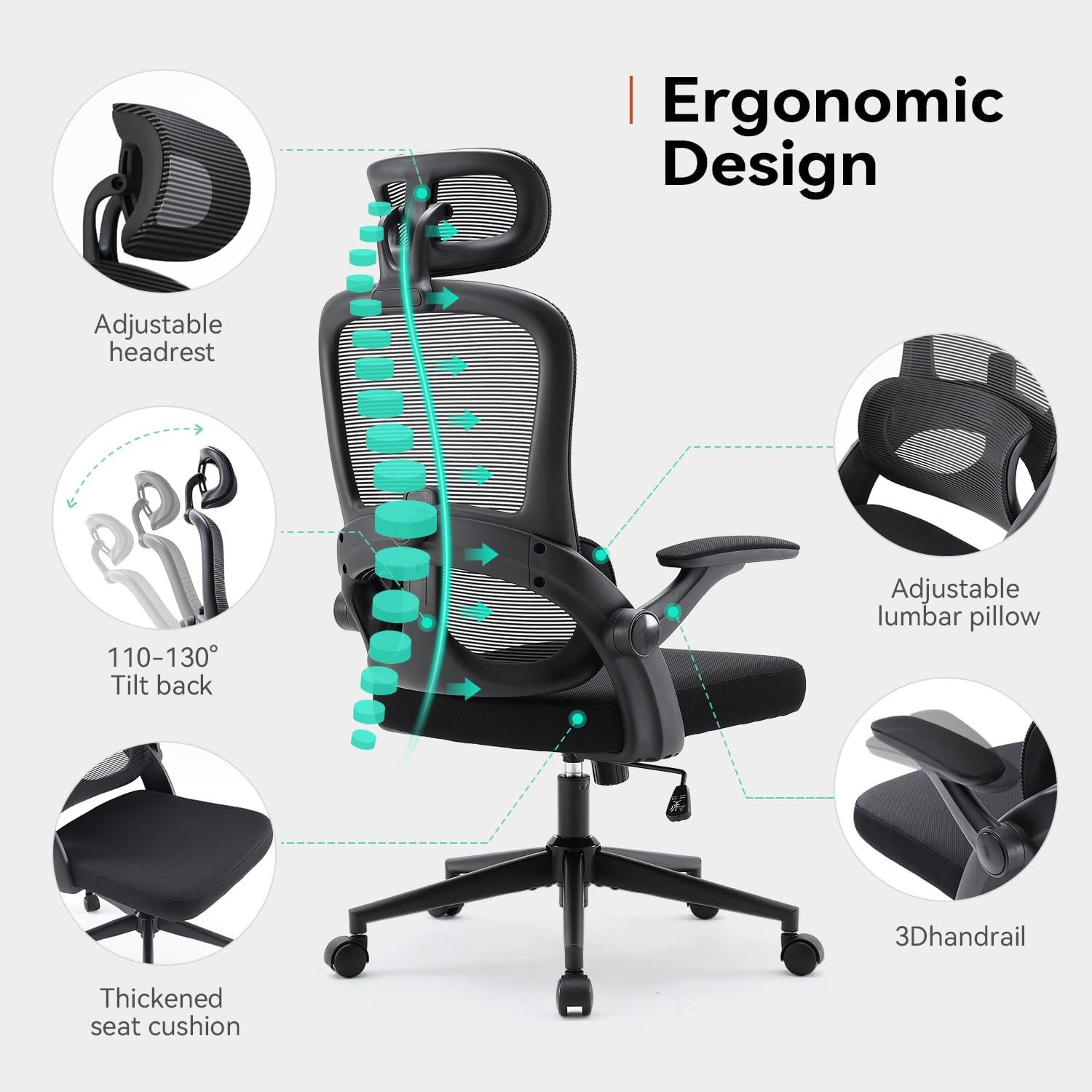SIHOO M102C Ergonomic Mesh Office Chair, High Back desk chair with 3D Armrests, Up&Down Lumbar Support, Swivel Computer Task Chair, Black