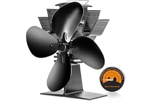CWLAKON Wood Stove Fan Heat Powered - Upgrade Designed Silent Operation 4 Blades with Stove Thermometer, Fireplace Fan for Gas/Pellet/Wood Burning Stove-Eco Friendly and Efficient Heat Distribution