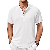 COOFANDY Men's Casual Henley Shirt Short Sleeve Summer Shirts Linen Band Collar Summer Beach Hippie T-Shirts