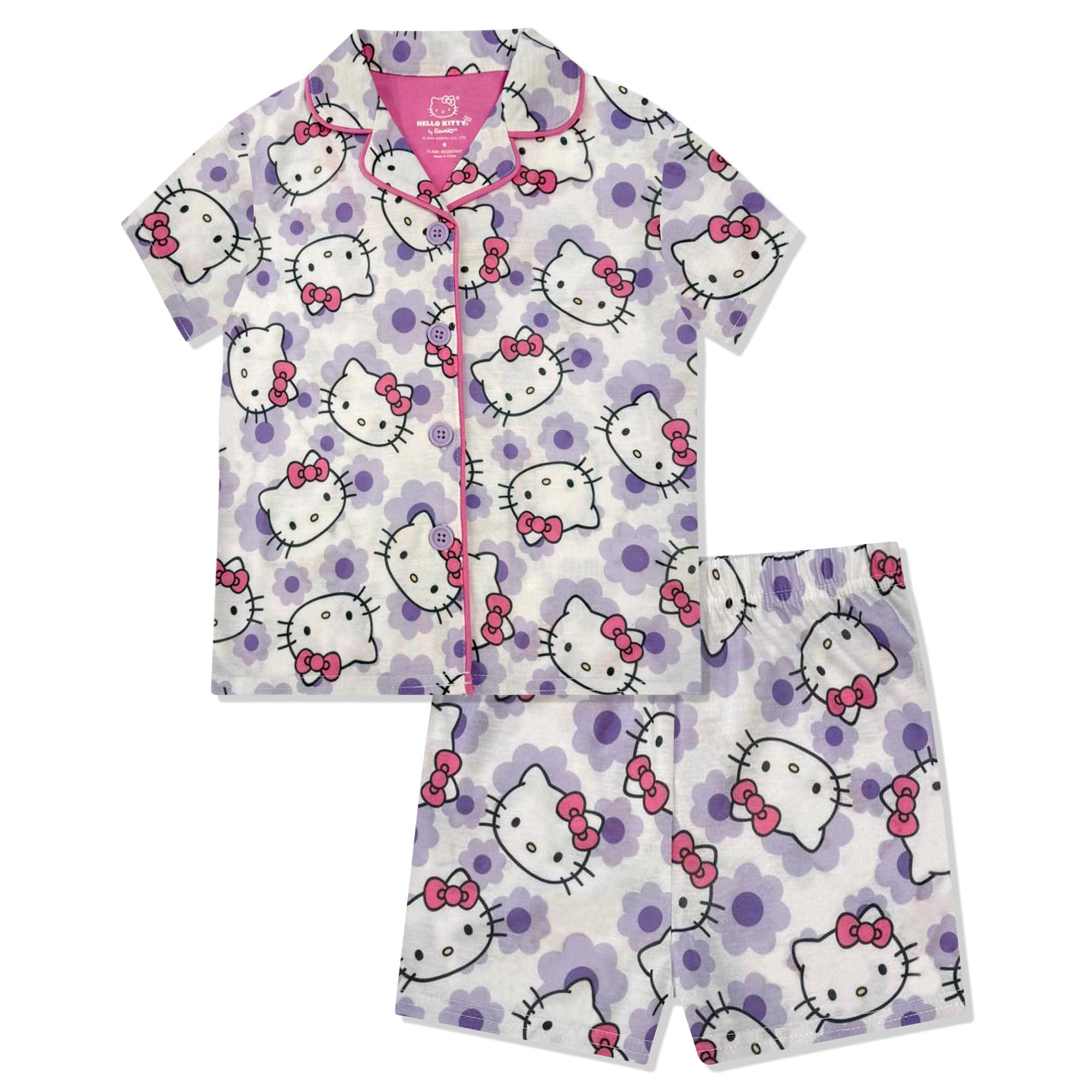 Photo 1 of Hello Kitty Girls Pajama Set - 2 Piece Cozy Girls Pjs with Button Down Short Sleeve & Shorts For Kids - Official Product