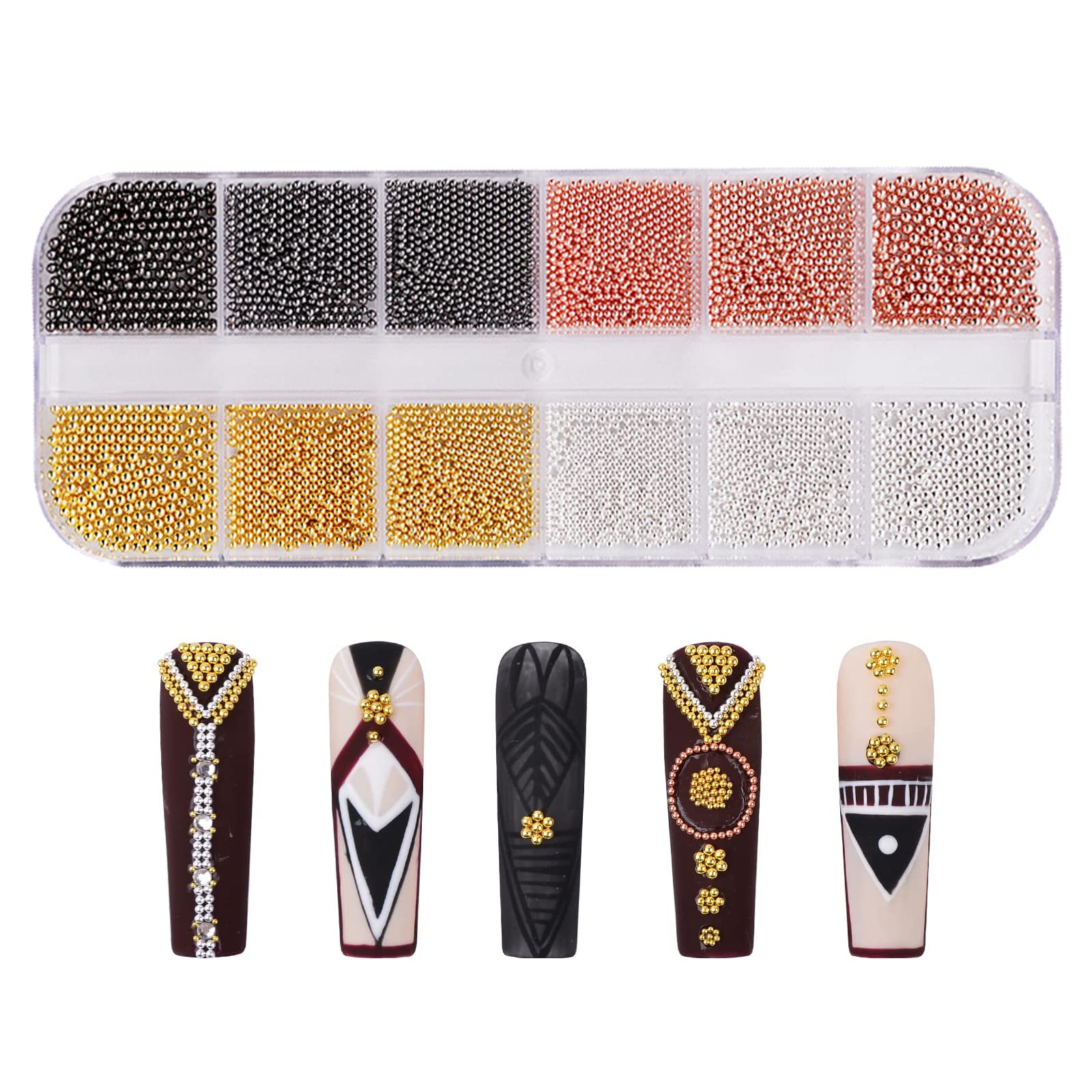 Nail Art Beads - 1 Box, 12 Grids Mixed Color & Size Mini Caviar Beads 3D Nail Art Decorations, Steel Ball Manicure Accessories - Gold, Silver, Rose Gold, Black