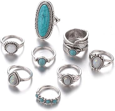 Yingwei Vwh 8 Pcs Argent Turquoise Opale Anneaux Set Pierre Naturelle Anneau De Bijoux Retro Femmes Bijoux Accessoires Amazon Fr Jeux Et Jouets