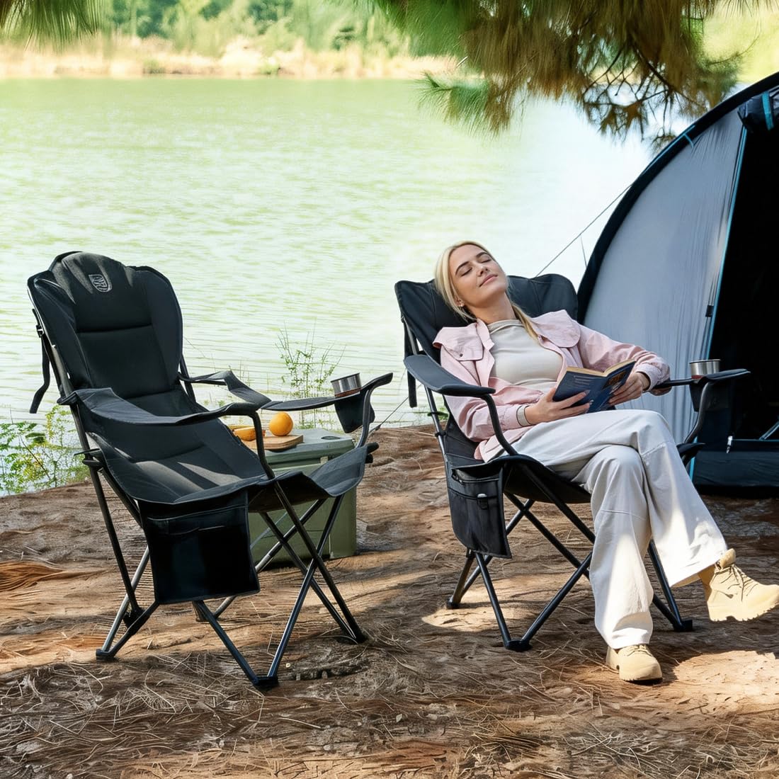 TIMBER RIDGE Campingstuhl Faltbar 180KG Rückenverstellbar in 3 Positionen Klappstuhl Gepolsterter Angelstuhl Übergroß Sitzbreite 62cm mit Seitentasche Getränkehalter 2
