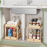 Bamboo Wood Under Sink Organizer 1 Pack, Pull Out Cabinet Organizer 2 Tier Under Sink Organizers and Storage with Sliding Drawer Sturdy Easy Assembly for Kitchen Bathroom Undersink (Nature, 2 Packs)