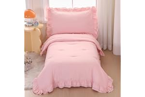 Wowelife Pink Toddler Bedding Set for Girls Toddler Bedding 4 Pieces Boho Tufted Comforter with Ruffles Design Toddler Girl Bed Set with Comforter, Fitted Sheet, Flat Sheet and Pillowcase