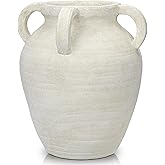 Handmade Flower Vase, 12" Tall Terracotta Vase, White Vintage Ceramic vase, Rustic Antique Decor with 3 Handles, Wide Mouth, Matte Finish for Home Office Resto Cafรฉ Dรฉcor