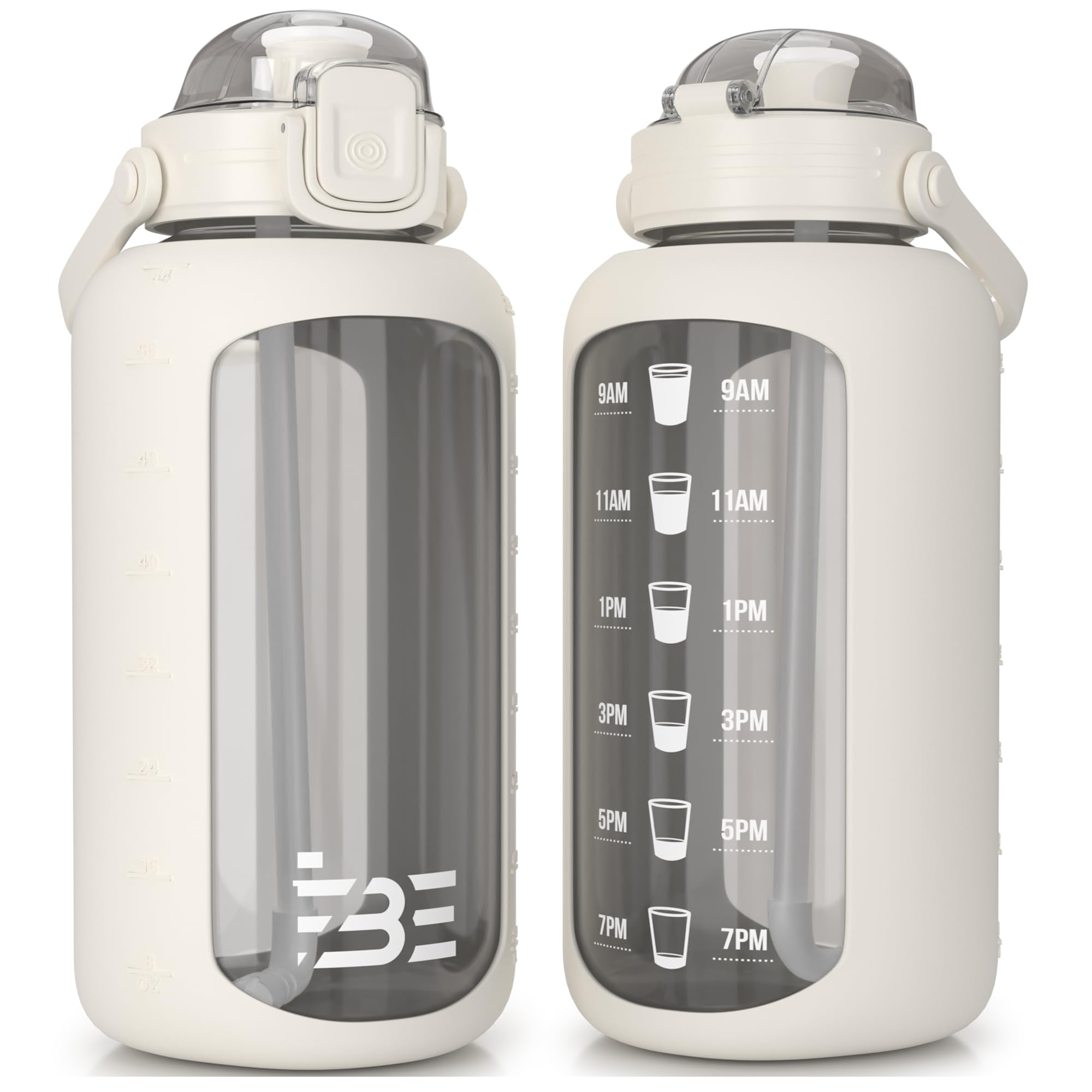 Be-Active Glass Water Bottle 2.2 Litre with Times to Drink - Borosilicate Glass – Motivational bottles - BPA Free (Cream)