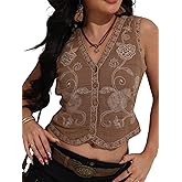 Verdusa Women's Western Outfit Cowgirl Embroidered Vest Tops Button Floral Boho Tank Top