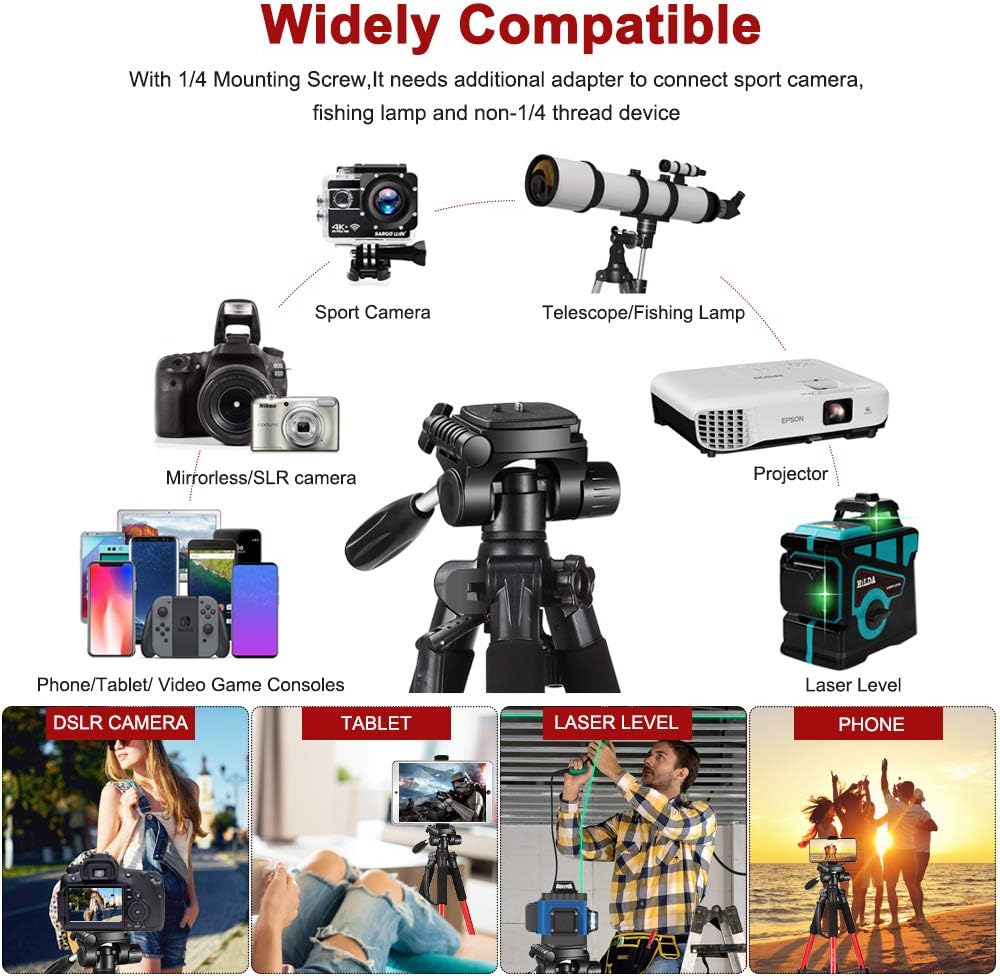 JOILCAN 65”Camera Tripod for Canon Nikon Lightweight Aluminum Travel DSLR Camera Stand 11 lbs Load with Universal Phone/Tablet Mount, 2PC Quick Plates（Black） : Camera & Photo