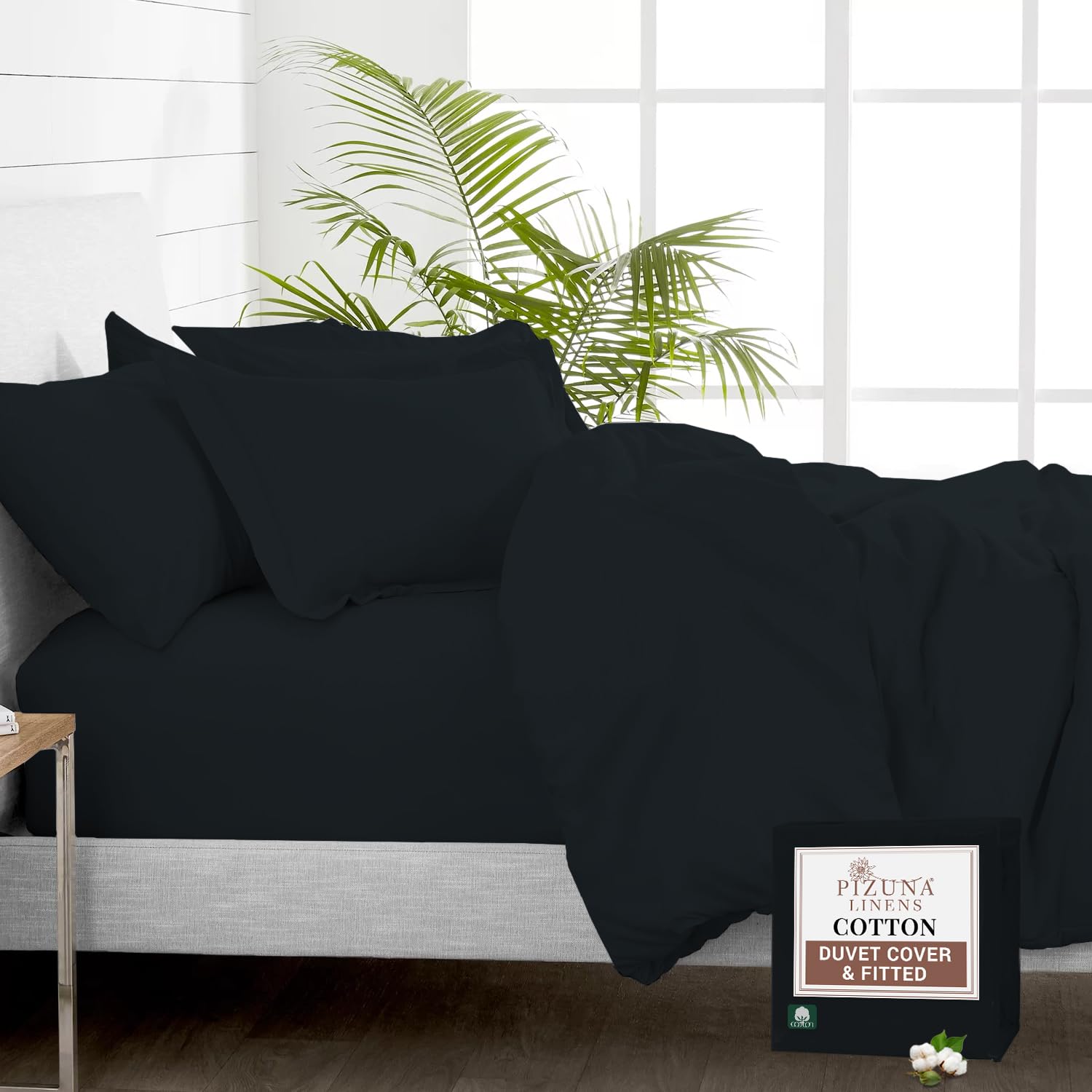 Pizuna Pure 100% Cotton Emperor Duvet Cover with Emperor Fitted Sheet Black, 400 Thread Count Long Staple Cotton Bedding Set, Soft Sateen Weave Quilt Cover Set & 40 cm Deep Fitted Sheets — image 1