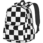 Jbofyee Black And White Checkered Laptop Backpack For Men Women, Lightweight Racing Daypack Bookbag For Daily Commutes Business Travel Hiking