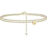 Turandoss Heart Initial Ankle Bracelets for Women, 14K Gold Filled Handmade Dainty Layered Anklet Letter Initial Heart Ankle Bracelets for Women Beach Jewelry Gifts