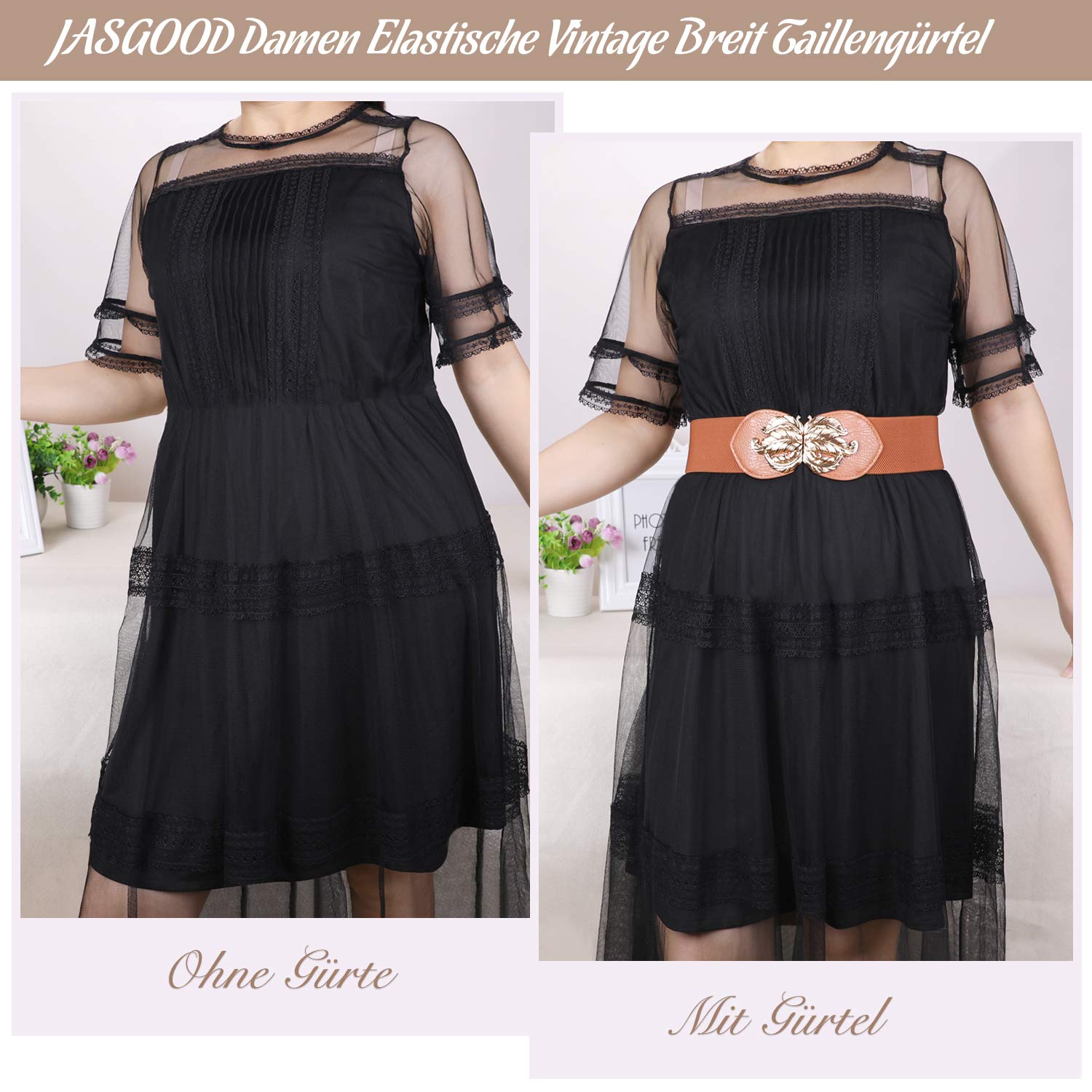 JasGood Damen Mode Breit Elastische Gürtel - Vintage Taillengürtel mit Gold Blatt Schnalle, Braun, Taille Größe 70cm-80cm