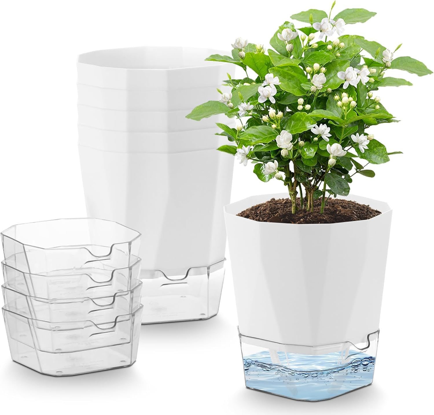 Yimomoyi 6 Pack Self Watering Plant Pots Indoor, House Plant Pot, White Plant Pots Indoor, Self Watering Pots Plastic Flowerpots with with Drainage Holes and Detachable Reservoir (12.5CM)