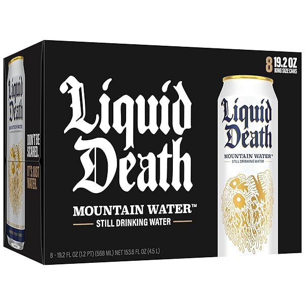 LIQUID DEATH, STILL MOUNTAIN WATER, 8-PACK (19.2OZ CANS), REAL MOUNTAIN SOURCE, INFINITELY RECYCLABLE ICE-COLD CANS, AMERICAN MADE