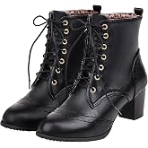 UniqueStride Women's Brogue Ankle Boots Lace Up Ankle Bootie with Chunky Block Heel Round Toe Shoes