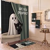 Mixweer 4 Pcs Halloween Ghost Black Cat Shower Curtain Set with Towels Rugs | Are You Pooping Funny Text, Vintage Halloween Bathroom Decor, Washable Easy to Care Materials, Halloween Shower Curtain Set