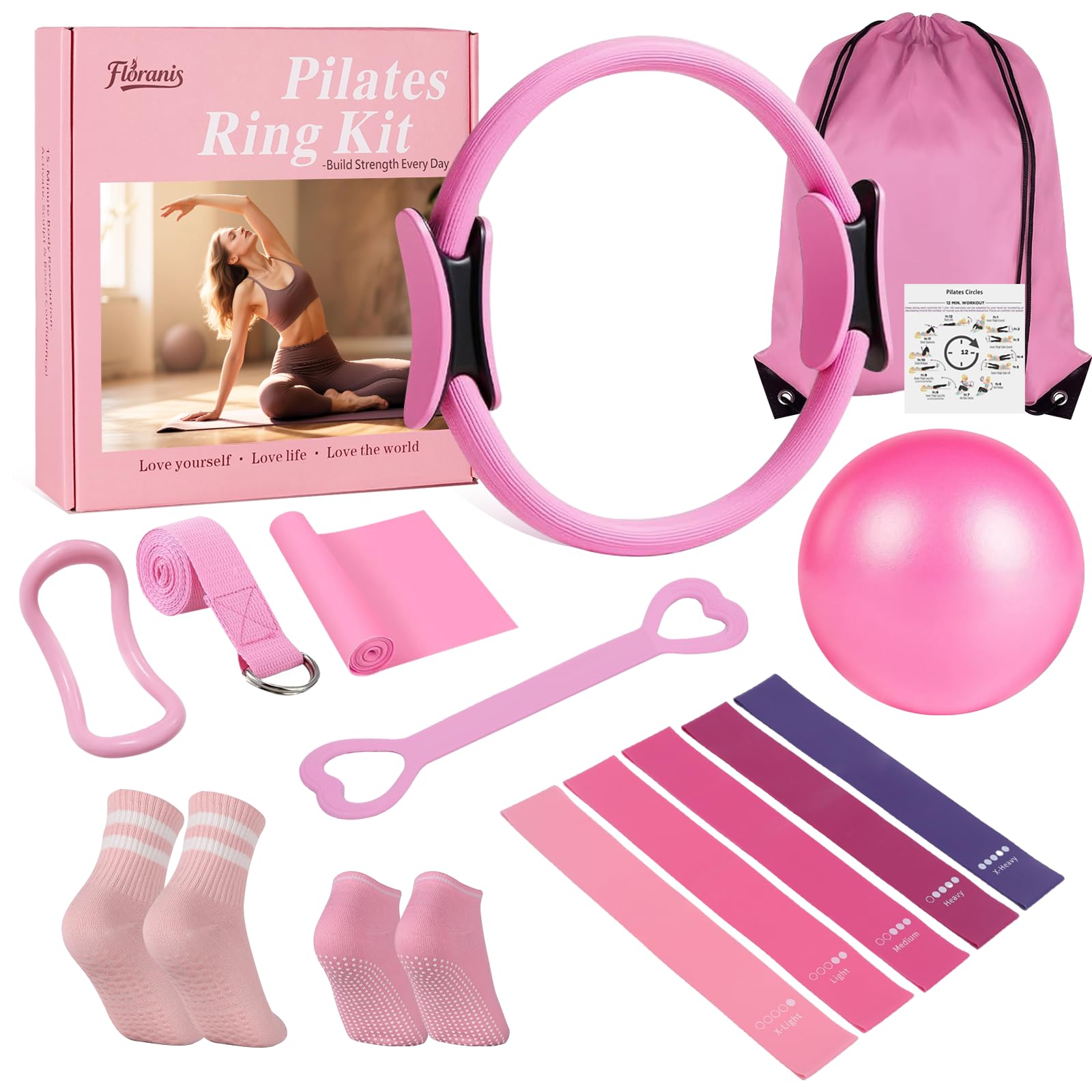 Photo 1 of Floranis Pilates Essentials Kit at Home, Ring and Ball Pilate Workout Equipment Set for Women, Magic Circle with 5 Resistance Bands Premium Accessories Kits for Starter Toning Workouts