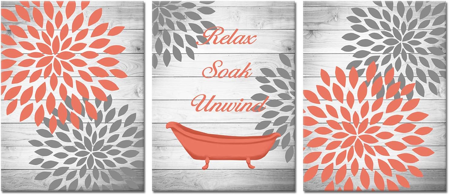 OuElegent Dahlia Canvas Wall Art Coral Gray Flower with Rustic Wood Background Painting Pictures Vintage Bathtub Relax Soak Unwind Inspiring Print Art for Home Bathroom Decor Framed 12