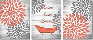 OuElegent Dahlia Canvas Wall Art Coral Gray Flower with Rustic Wood Background Painting Pictures Vintage Bathtub Relax Soak Unwind Inspiring Print Art for Home Bathroom Decor Framed 12