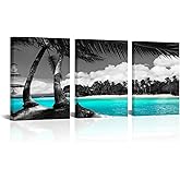 SkenoArt 3 Panels Teal Canvas Wall Art Black and White Hawaii Beach Pictures Tropical Palm Tree Artwork Giclee Prints for Bathroom Office Wall Decoration Framed Ready to Hang Each Piece 12"x16"