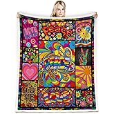 Juirnost Gift for Hippie Style - Peace Love Flower Throw Blanket with 70s Peace Sign Retro Hippy Stoner Groovy Design, Soft Cozy Fleece Plush Reversible Blanket for Couch, Bed, Sofa