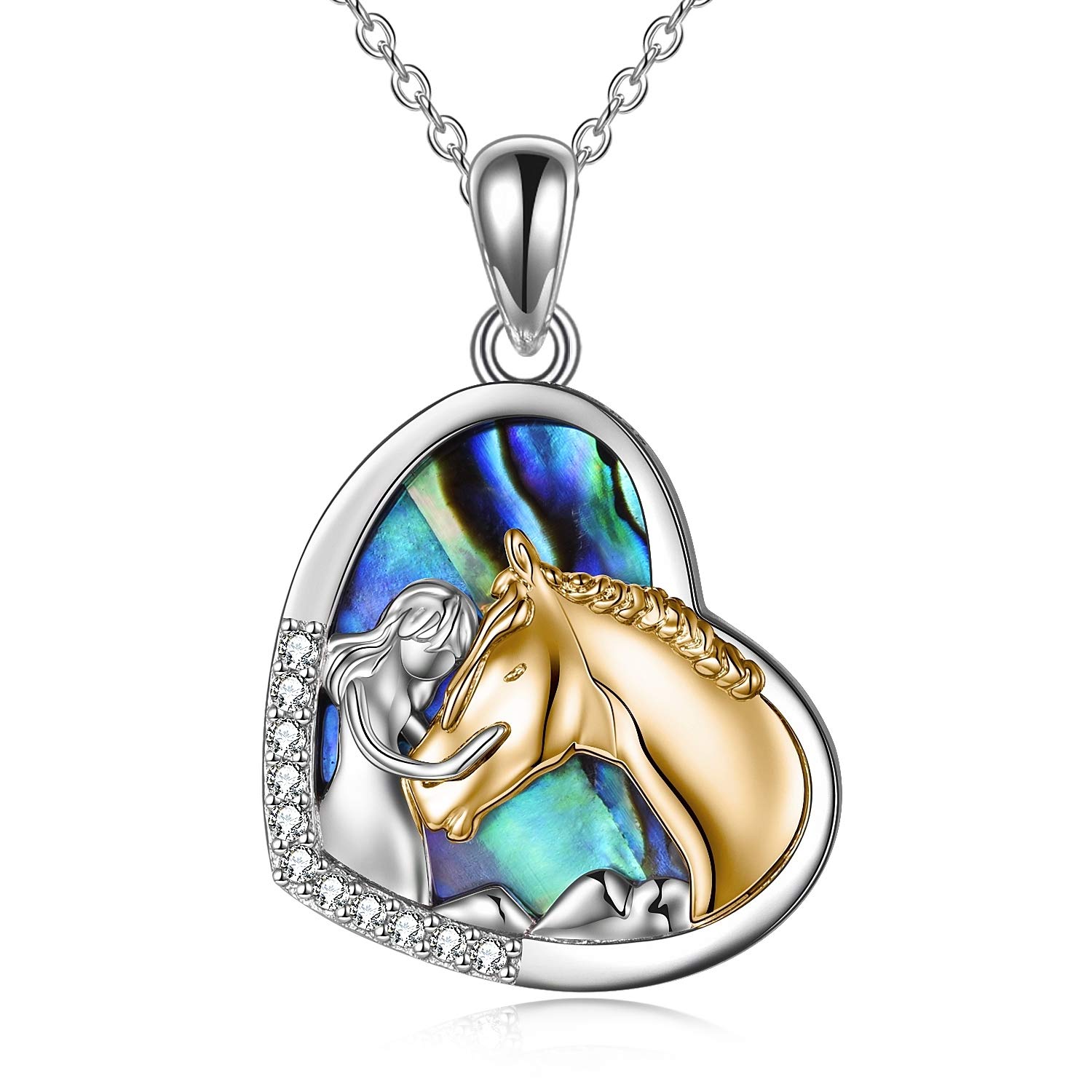 YFN Girl and Horse Necklace for Girls Sterling Silver Horse Jewellery Horse Gifts for Women (Gold Horse Necklace with Abalone Shell)