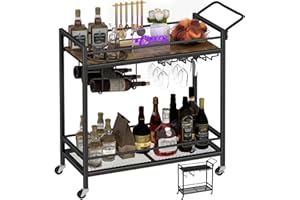 LAATOOREE Home Bar Serving Cart, Mobile Drink Beverage Cart with Two-Color Top Shelf, Rolling Kitchen Cart with Wine Holder and Glass Holder, for Dinning Room, Living Room, Kitchen