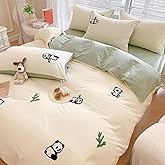MorroMorn Queen Duvet Cover Cotton, 3D Embroidery Queen Bed Set Green, Chenille Embroidered Comforter Covers Blanket Soft Breathable Sweat-Absorbent for Girls Boys Kids Teen (Panda, Full/Queen)