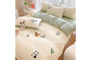 MorroMorn Queen Duvet Cover Cotton, 3D Embroidery Queen Bed Set Green, Chenille Embroidered Comforter Covers Blanket Soft Breathable Sweat-Absorbent for Girls Boys Kids Teen (Panda, Full/Queen)