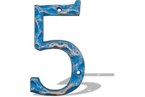 BETLIGHT 5.5 Inch House Numbers- Unique Cast Iron Metal Address / Mailbox Number for Outside or Front Door, Handmade Gold & Blue Finish (Number 5)