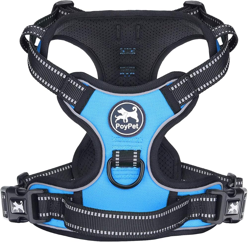 PoyPet No Pull Dog Harness Reflective Vest with 2 Leash Attachments (Blue, L)