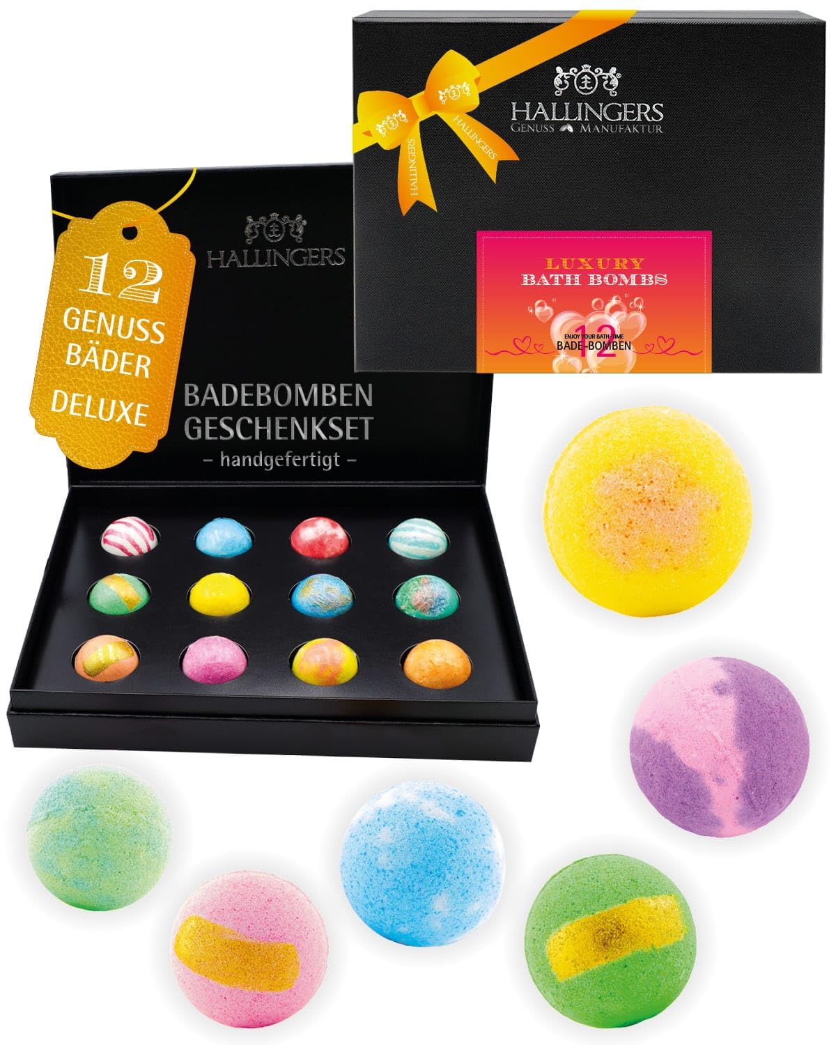Hallingers Genuss Manufaktur Badebomben Geschenk-Set - 12x Badekugeln Bath Bombs in edler Geschenkbox, Frauen Badeperlen-Wellness & Spa "Luxury Bath Bombs - ...", Geschenkidee für sie & ihn