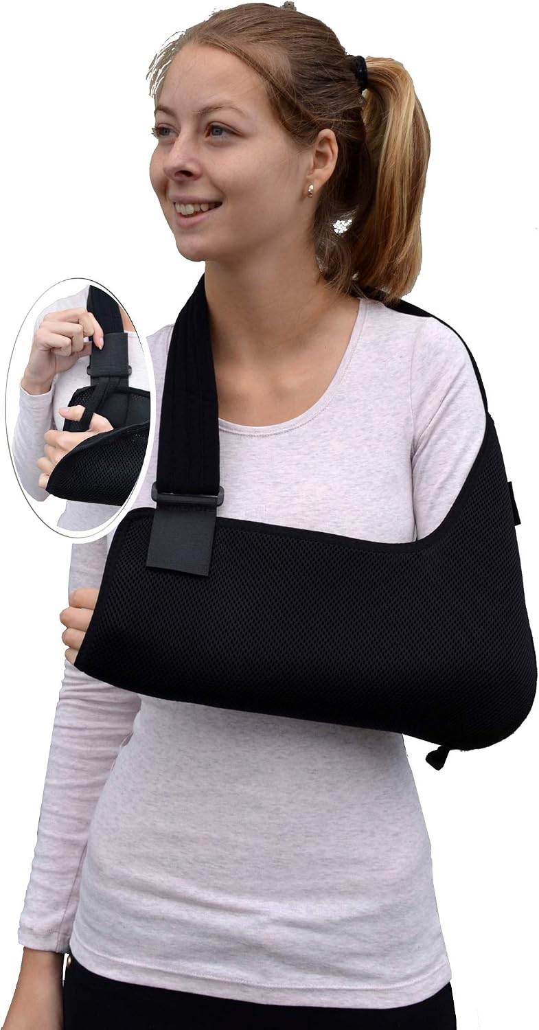 Arm Sling Adult (M, black/black trim) Feel Safe, Easy to Fit, Cooling Fabric Technology, Fits R or L.
