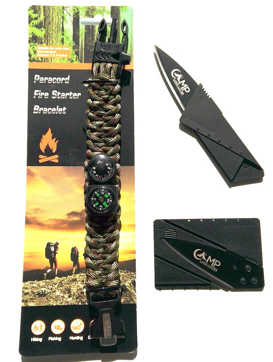 Bundle - 6 in 1 Survival Paracord Bracelet with FREE folding credit card knife by Camp Luna Lover