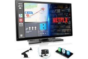 LAMTTO 9" Wireless CarPlay Screen with Net-Flix YouTube Apps Protable Car Play Screen for Apple Carplay and Android Auto with Backup Camera Navigation Bluetooth Voice Control AUX Siri