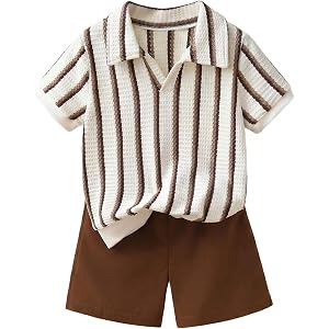 GORGLITTER Boy's 2 Piece Outfit Summer Striped Short Sleeve Shirt & Shorts | Clothing Sets, Collared Top, Elastic Waist Short