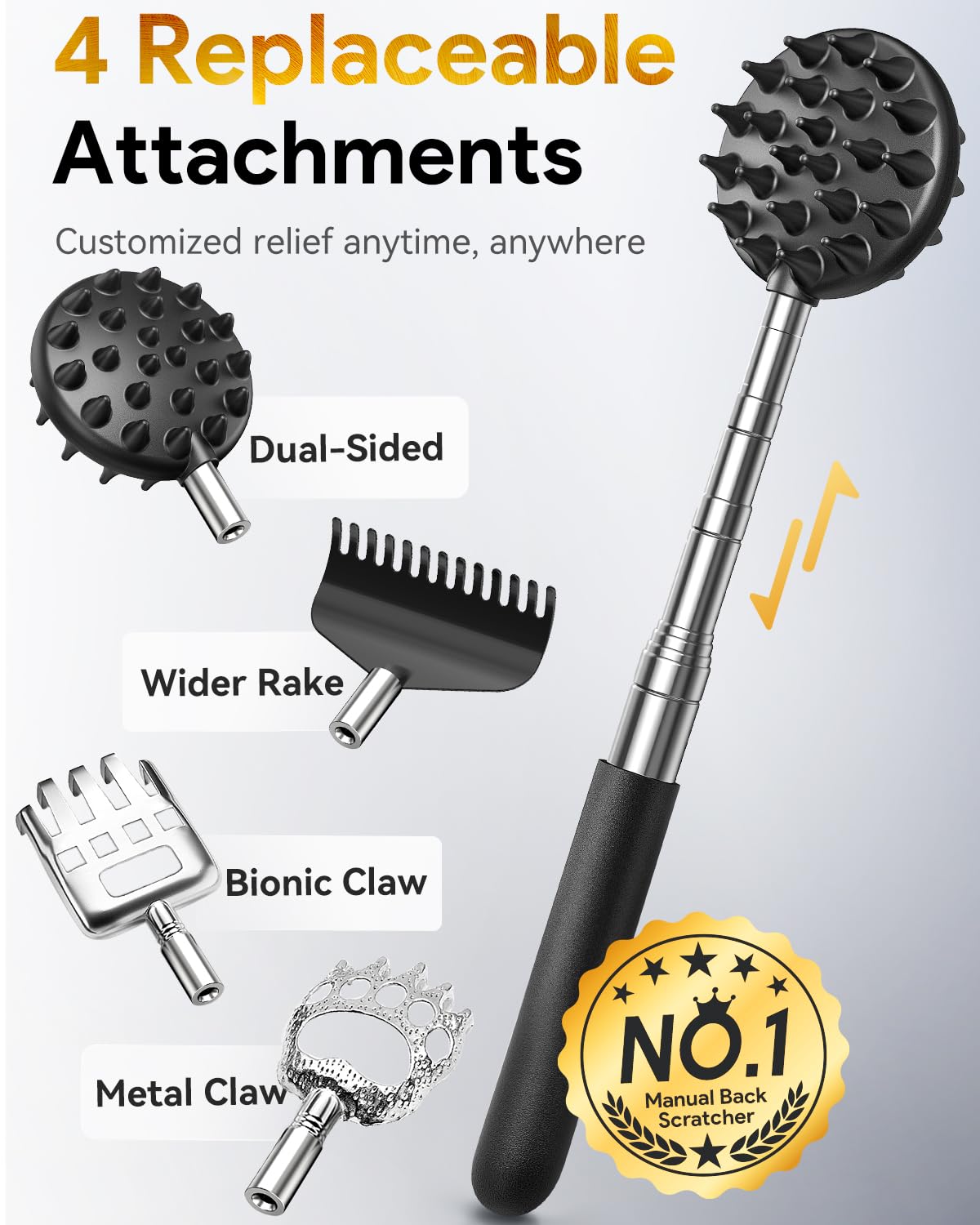 TUKUOS Telescoping Back Scratcher with 4Pcs Detachable Scratching Heads, Fathers Day Dad Gifts for Men Back Scratcher for Men/Dad/Women