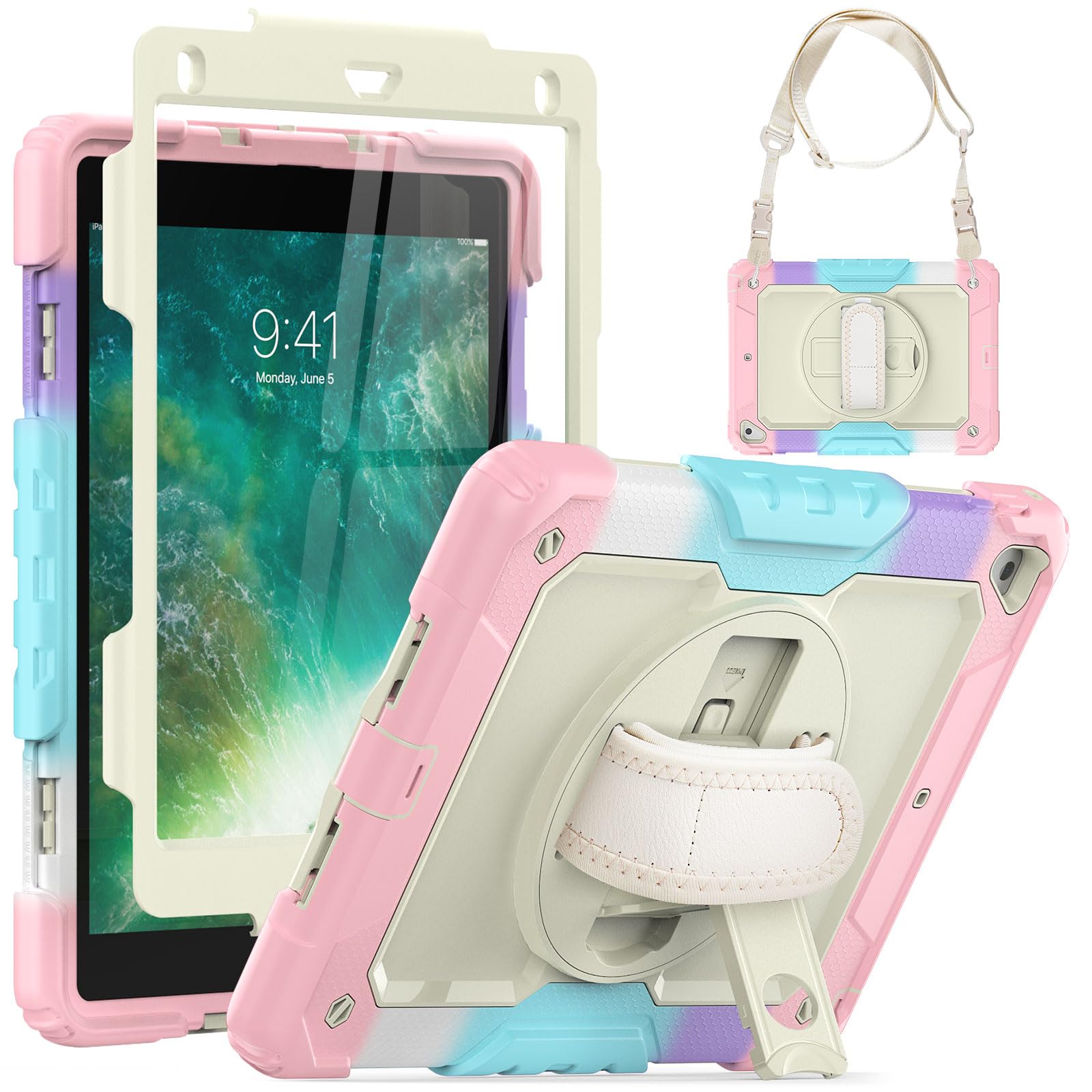 SEYMCY Kids Case for iPad 6th/5th Generation 2018/2017, iPad Air 2 Case 2014, iPad Pro 9.7 inch 2016, Shockproof Shockproof with Screen Protector, Rotating Stand & Hand Strap, Shoulder Strap, Pink